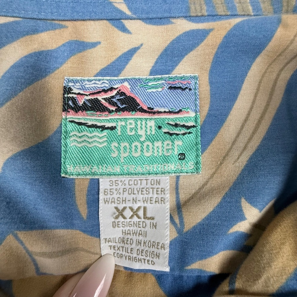 Vintage Reyn Spooner Mens XXL Blue Tan Tropical Leaf Hawaiian Button Down Shirt - Picture 2 of 6
